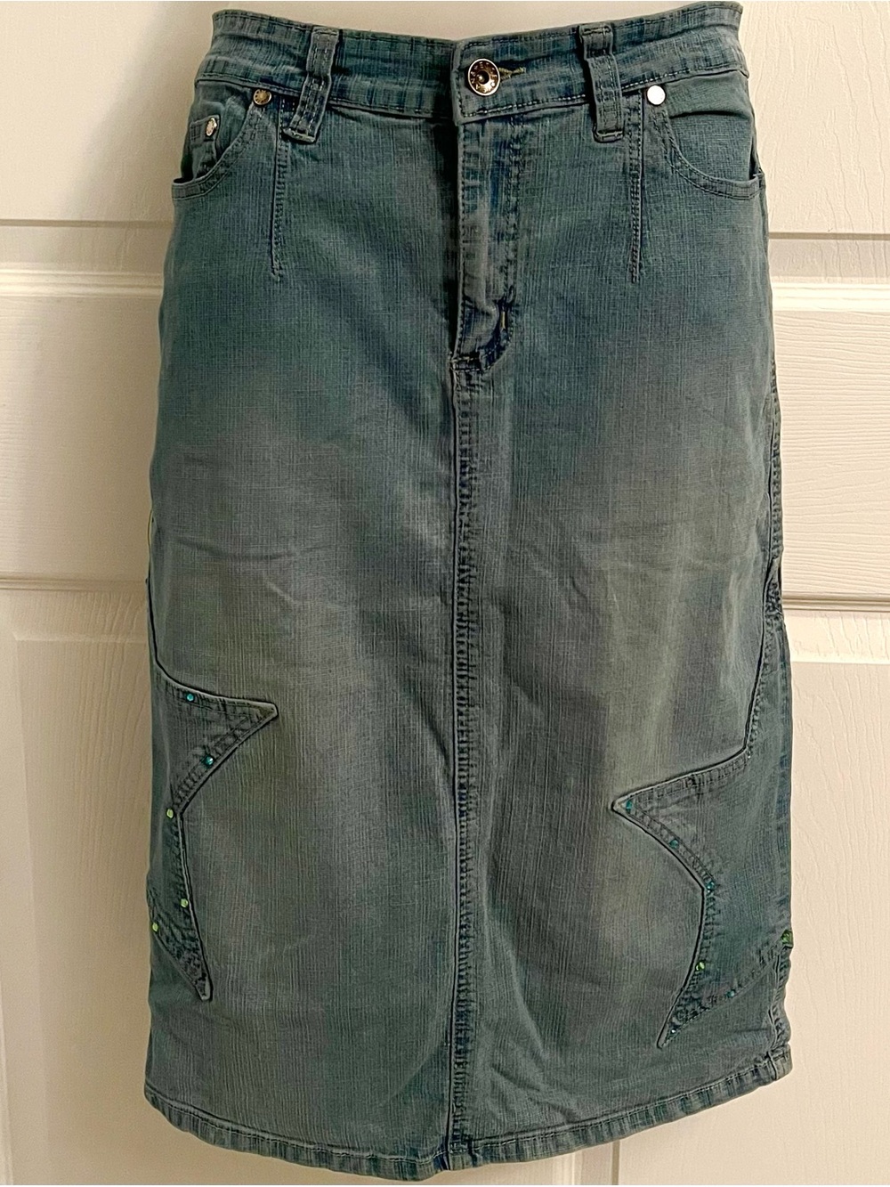 Vintage Esse Jeans Y2K Rhinestone Star Panel Denim Midi Skirt